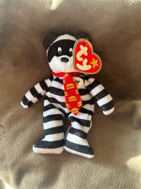Ty Black & White Striped Bear with Red Tie Pattern